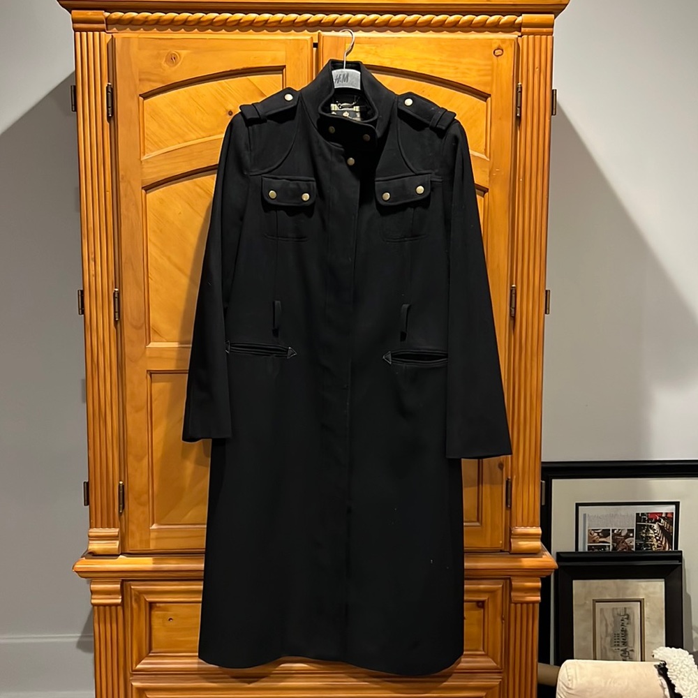 Barbour wool long black coat military inspired lined in plaid sz US 14 UK 18